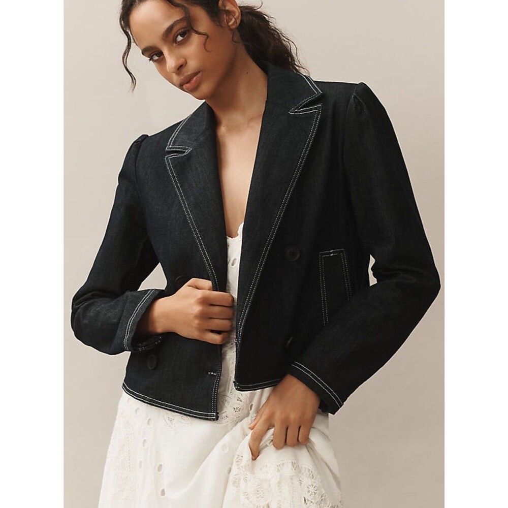 Maeve Boxy Rsed Denim Blazer Jacket in Blue Size XS
